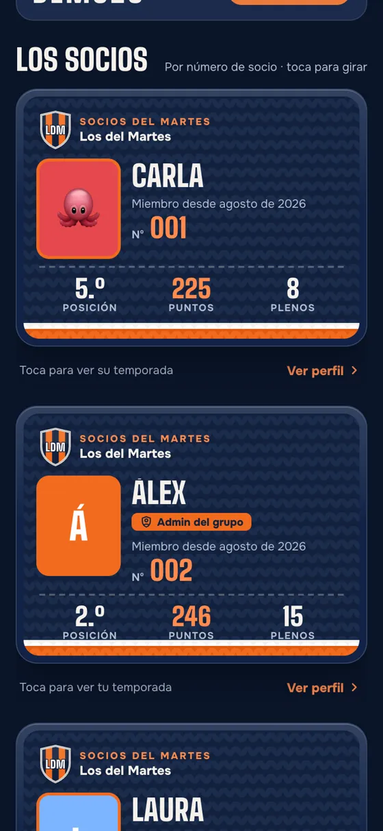 Captura de la app QuiniClub: Los carnets de socio de todo el grupo