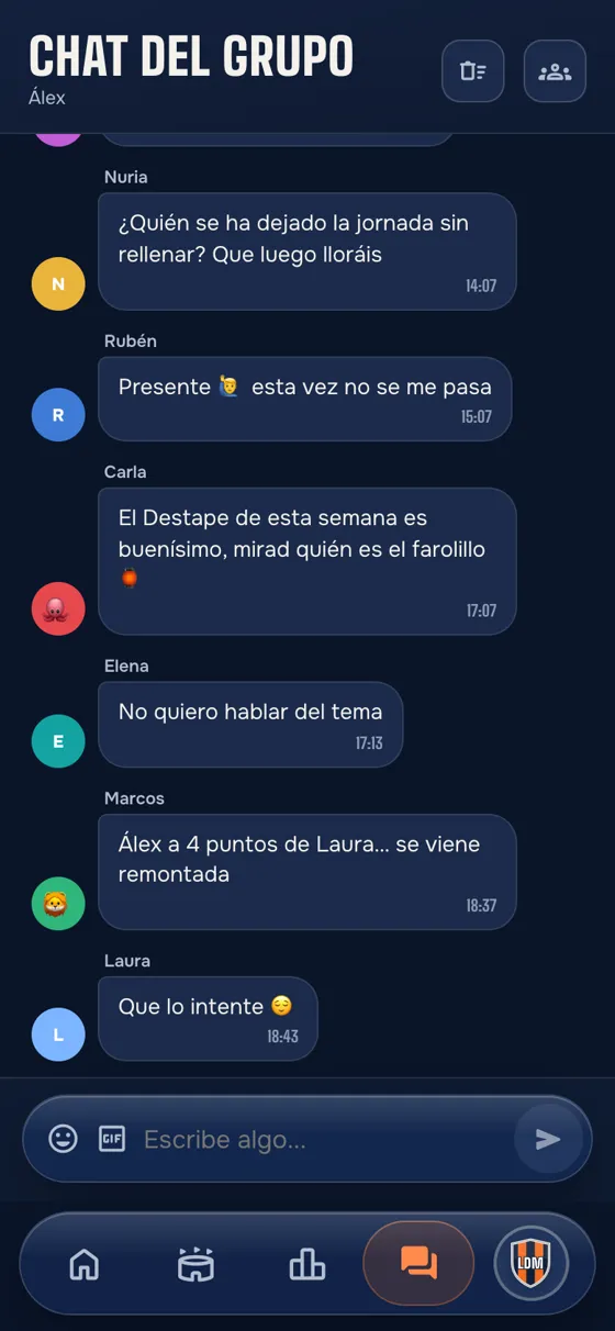 Captura de la app QuiniClub: Chat del grupo con resultados compartidos