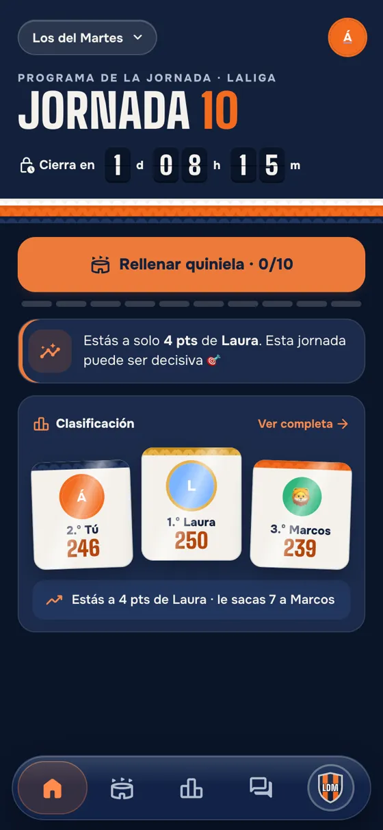 Captura de la app QuiniClub: Inicio: la jornada, la cuenta atrás y tu posición